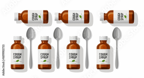Illustration of multiple cough syrup bottles and spoons arranged for pharmaceutical advertising, health education, or depicting cold and flu season remedies.