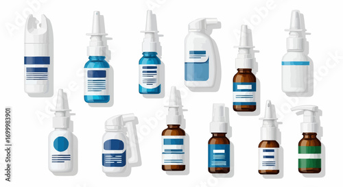 Diverse Collection of Nasal Spray Bottles for Allergy Relief and Sinus Congestion Treatment Illustrations, Packaging Design, and Healthcare Marketing Materials