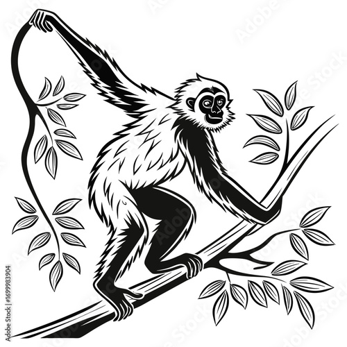 Stylized Gibbon on Tree Branch Black and White Illustration.