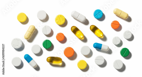 Pharmaceutical Pills and Capsules Assortment Displaying Various Shapes and Colors for Healthcare and Medication Related Projects