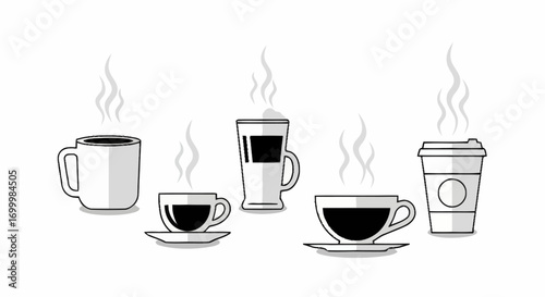 Minimalist Line Art Illustration of Various Hot Coffee Cups, Suitable for Cafe Menus and Promotional Materials, and for Coffee Shop Branding