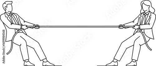A man and a woman in suits are pulling on a rope in a tug of war outlined on a white background space