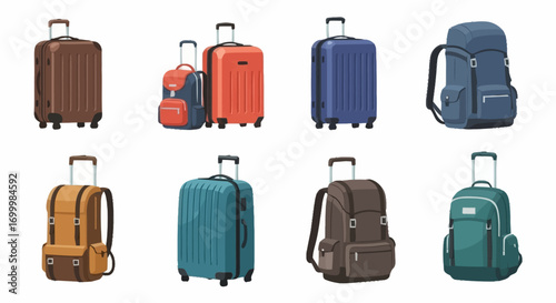 Diverse Collection of Suitcases and Backpacks for Travel, Tourism, and Vacation Planning Illustrations. Ideal for Travel Agencies, Tourism Boards, and Luggage Retailers