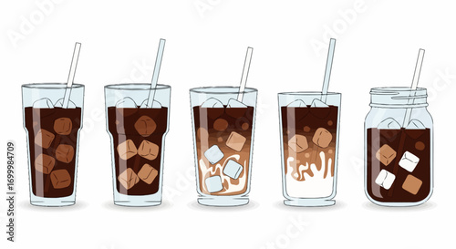 Refreshing iced coffee variations in clear glasses with straws for menus, drink recipes, coffee shops, and illustrating beverage options.
