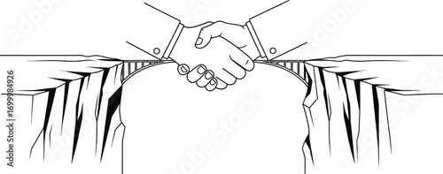 A black and white drawing of a handshake over a bridge spanning a chasm, symbolizing agreement and unity