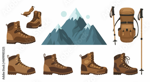 Hiking Equipment Set for Outdoor Adventures, Featuring Sturdy Boots, Backpack, and Mountain Scenery. Ideal for promoting outdoor activities, travel gear, and adventure tourism.