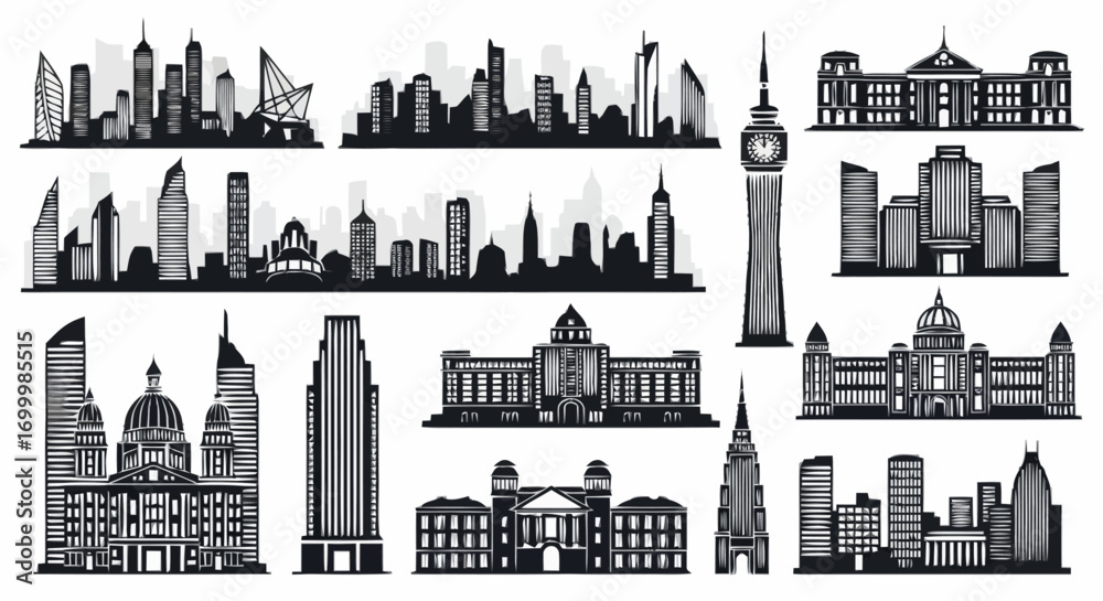 Obraz premium Diverse City Skyline Silhouettes Collection for Architectural Visualization and Urban Design Projects, Ideal for Vector Illustrations, Website Graphics, and Print Media