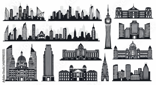 Diverse City Skyline Silhouettes Collection for Architectural Visualization and Urban Design Projects, Ideal for Vector Illustrations, Website Graphics, and Print Media