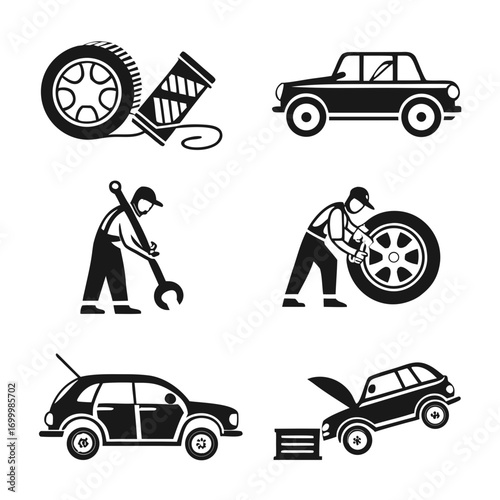 Car repair and maintenance icons with mechanics and vehicles