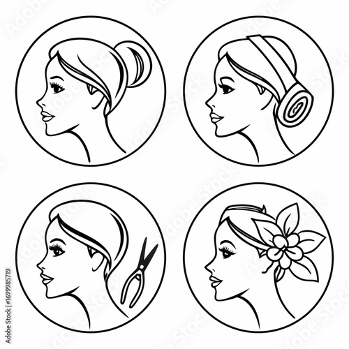 Four circular icons featuring stylized female profiles with different hairstyles and accessories