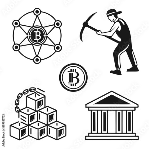 Bitcoin mining blockchain technology and financial institution icons