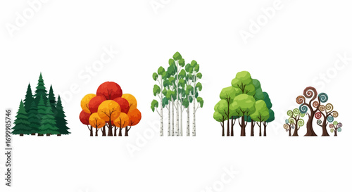 Diverse Tree Illustrations Depicting Various Species and Styles for Educational Materials and Ecological Design Projects, ideal for nature conservation and landscape design.