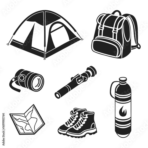 Collection of camping and hiking equipment icons isolated on white background