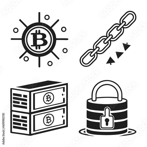 Bitcoin cryptocurrency security and blockchain technology icons