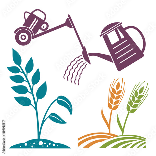 Agricultural icons showing plant growth and watering