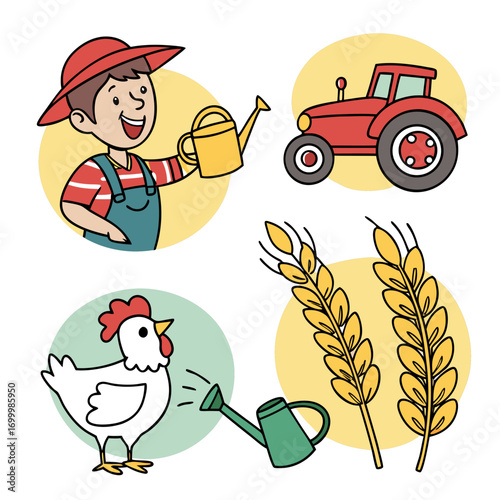 Cute cartoon farm elements including a farmer tractor chicken and wheat