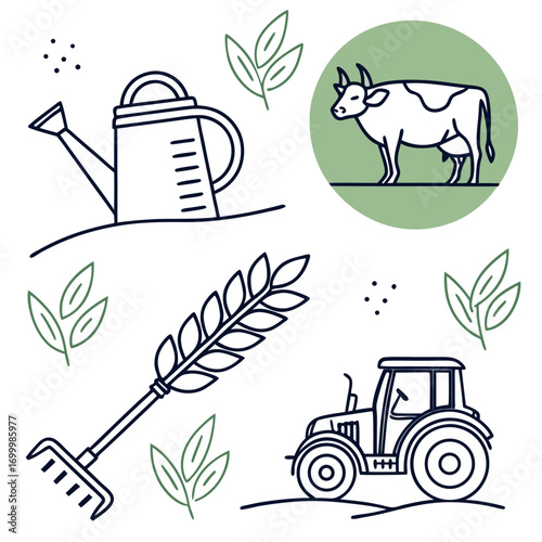Farm life icons including cow tractor watering can rake and wheat