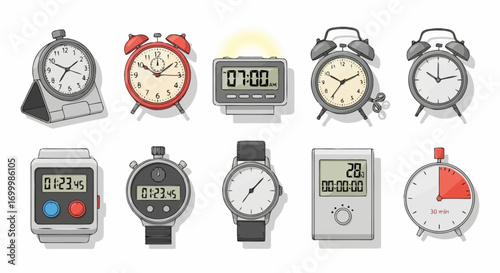 Diverse collection of clocks and watches showcasing timekeeping devices for educational resources, design assets, and illustrating concepts related to time management.