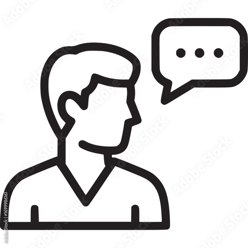 A man is speaking with a speech bubble containing ellipsis, isolated on white background this line art illustration represents communication and conversation