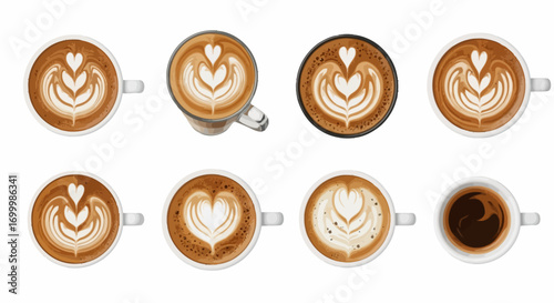 Diverse Coffee Art Collection Displaying Various Latte Designs in Mugs and Glasses, Ideal for Food Blogs, Coffee Shop Menus, and Beverage-Related Projects.