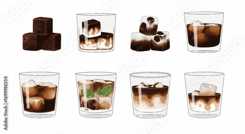 Illustrated Collection of Coffee-Based Drink Variations with Ice Cubes, Ideal for Menu Design, Beverage Guides, or Social Media Promotion