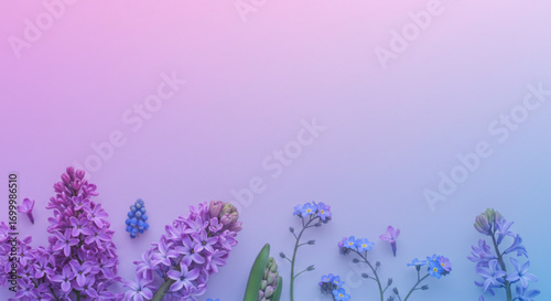 Illustration of spring hyacinth and forgetmenot flowers on a gradient background