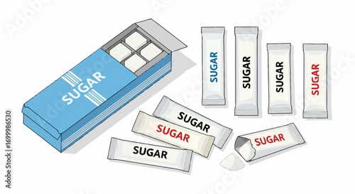 Sugar Collection Representing Sweeteners in Cubes and Packets for Beverage Preparation and Food Service Illustrations