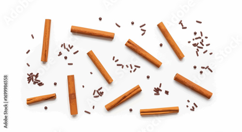Aromatic cinnamon sticks and chocolate sprinkles on a white background perfect for illustrating baking, autumn themes, or holiday recipes