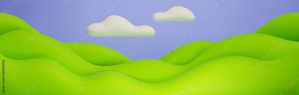 Obraz premium 3d cartoon hills landscape with fluffy clouds floating in blue sky - stylized minimal nature background illustration. Curvy green mounds in bright vibrant colors. Simple cute countryside scenery.