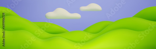 3d cartoon hills landscape with fluffy clouds floating in blue sky - stylized minimal nature background illustration. Curvy green mounds in bright vibrant colors. Simple cute countryside scenery.