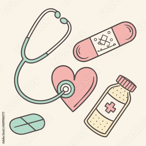Cute medical icons including a stethoscope heart pill and bandage