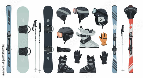 Winter Sports Gear Set for Skiing and Snowboarding Adventures, Displaying Equipment and Accessories for Outdoor Activities and Recreational Pursuits