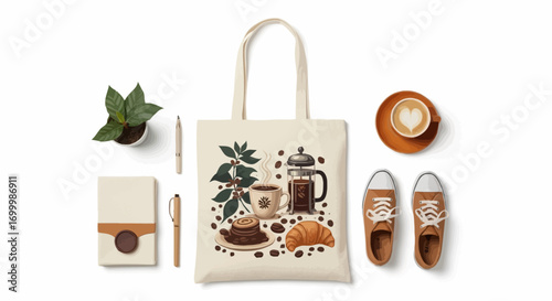 Elegant Coffee Lifestyle Still Life Featuring Tote Bag and Accessories for Branding, Marketing, and Coffee Shop Promotion