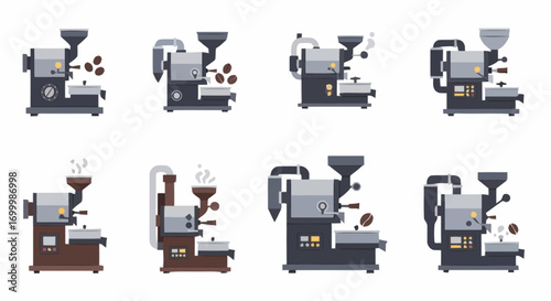 Detailed Coffee Roasting Machine Illustrations Depicting the Bean Transformation Process for Educational Material and Coffee Brand Marketing