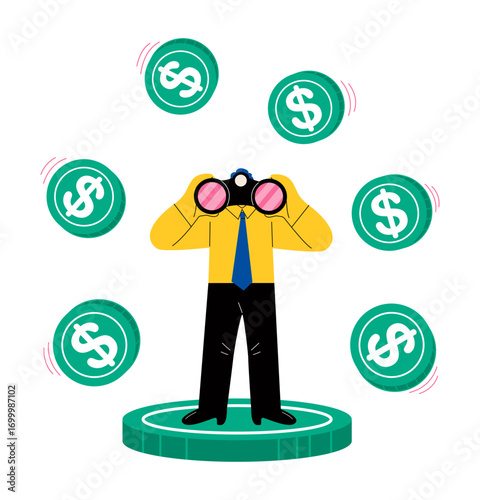 Business man standing on coin with binocular. Looking for a good trade concept. Flat vector illustration isolated on white background