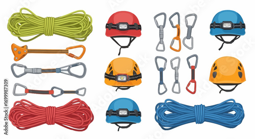Climbing Equipment Collection Featuring Ropes, Helmets, and Carabiners for Safe and Exciting Outdoor Adventures, Perfect for Adventure Sports and Gear Enthusiasts.