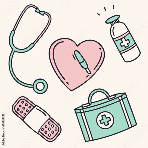 Cute medical icons set with stethoscope heart bandage and first aid kit