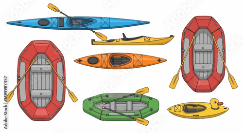 Colorful Collection of Kayaks and Rafts Vector Illustration for Outdoor Adventure and Water Sports Equipment Needs. Ideal for recreational activities, design projects, or educational purposes