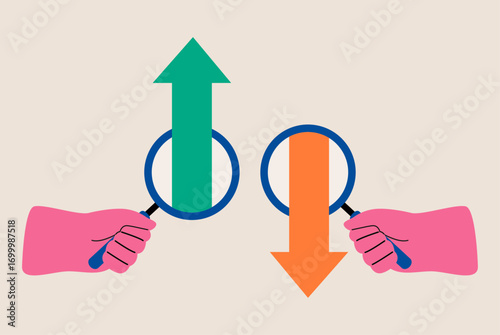 Up arrow and down arrow. Hands with a magnifying glass to study. Colorful vector illustration