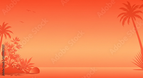 Illustration of tropical island silhouette with palm trees and exotic plants at sunset