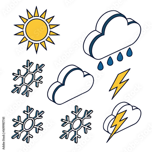 Isometric weather icons including sun rain snow and lightning