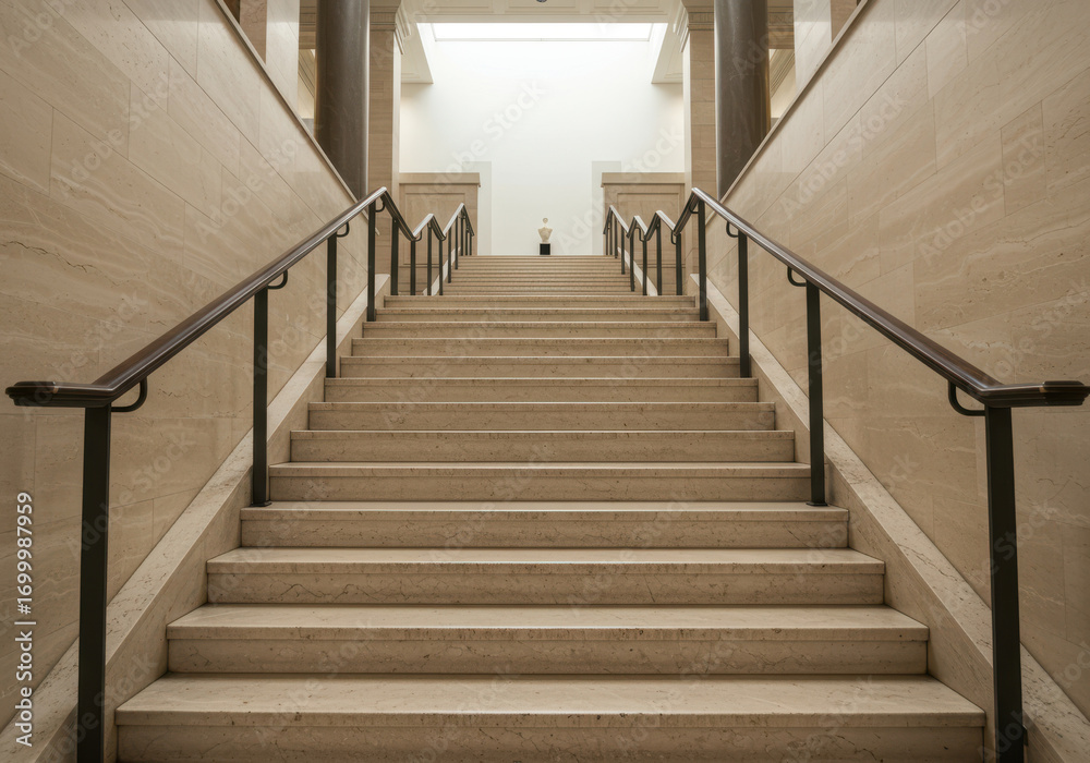 Obraz premium Symmetrical beige staircase with metal handrails leading upwards towards bright light