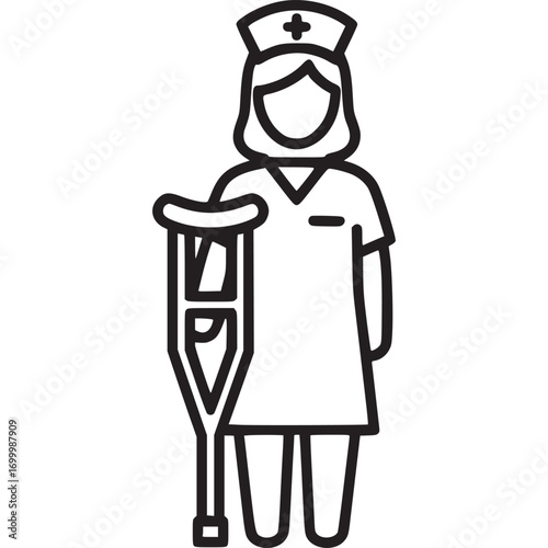 Line art illustration of a nurse with a crutch, isolated on white background represents healthcare, assistance, and recovery in a simple, clean design