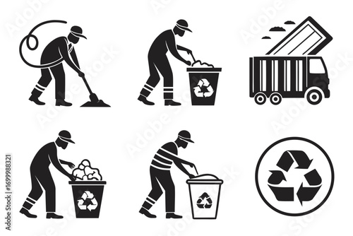 Sanitation worker icons showing cleaning and waste management activities