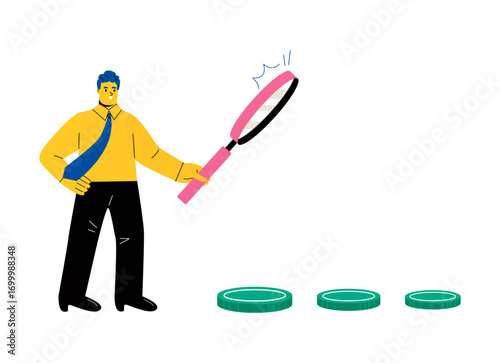 Business man uses magnifying glass to find coins on the ground. Flat vector illustration isolated on white background