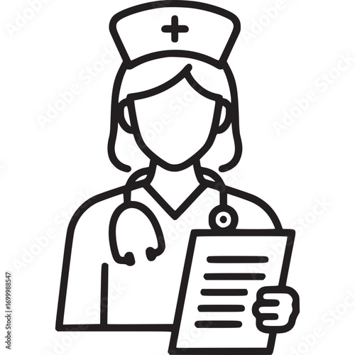A nurse with stethoscope holds a patient chart, ready to assist, in this isolated on white background line art icon illustration