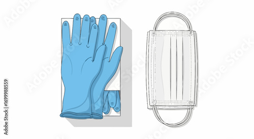 Medical Safety Essentials Illustration Featuring Disposable Gloves and Surgical Mask, Ideal for Promoting Hygiene and Healthcare Awareness