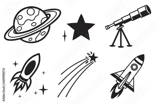 Collection of cartoon space elements including planets rockets stars and telescope