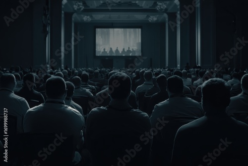 Wallpaper Mural A large audience sits in a dimly lit conference hall, attentively watching a presentation or panel discussion on a big screen Torontodigital.ca
