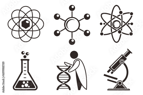 Collection of science and research icons including atoms molecules dna and microscope